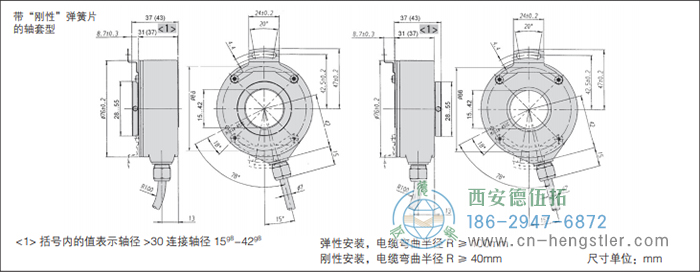 RI76TD標(biāo)準(zhǔn)光電增量編碼器的外形及安裝尺寸(帶“剛性”彈簧片 的軸套型) 德國(guó)hengstler(亨士樂)編碼器